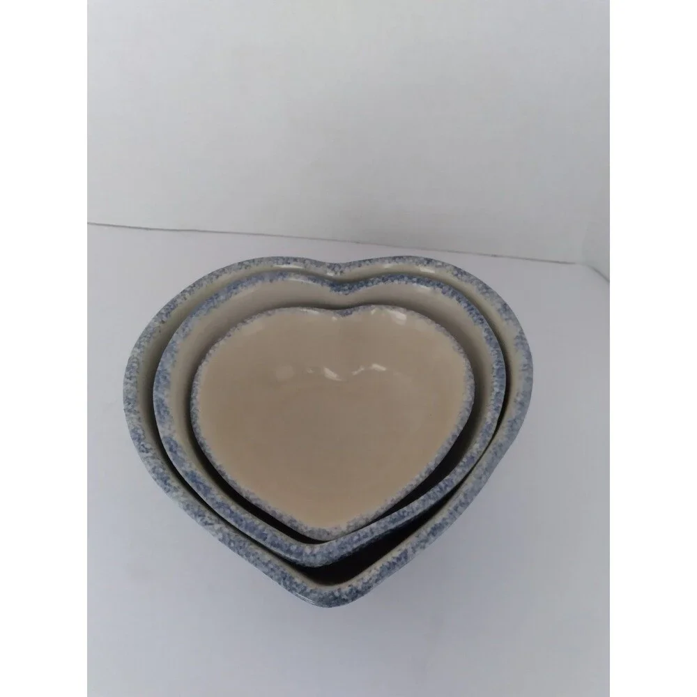 Rustic Heart-Shaped Ceramic Nesting Bowls Set of 3 Farmhouse Decor Blue‎ & Cream